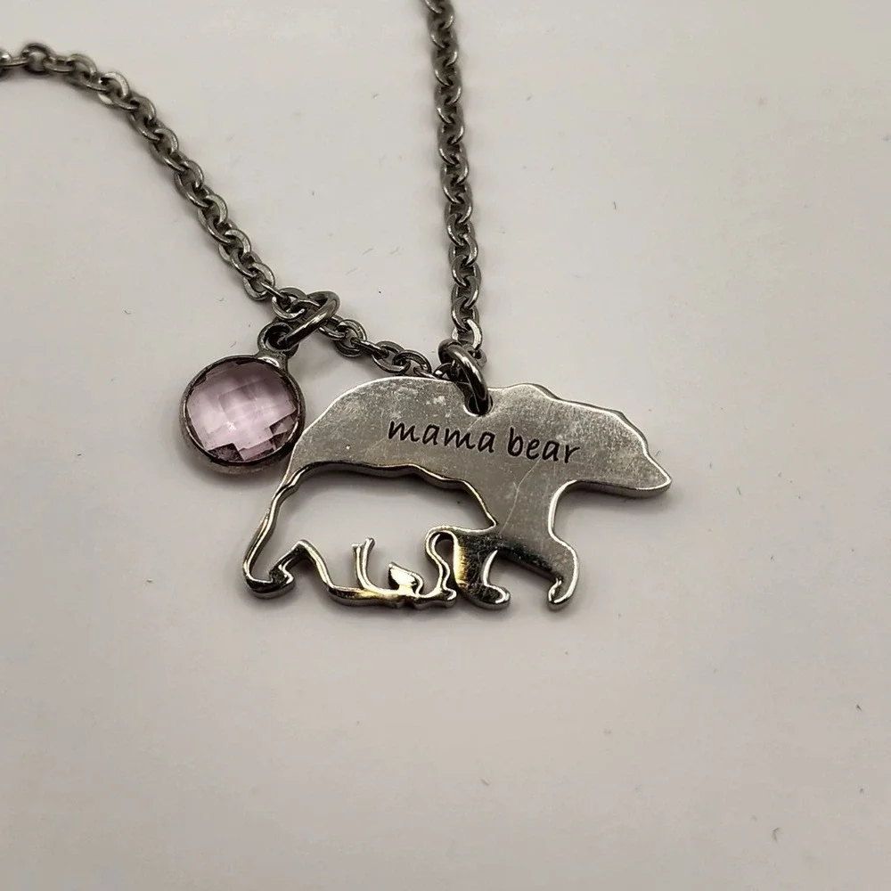 Youfeng Stainless Steel Mama Bear Cub Pendant Necklace Pink Crystal Charm Pouch
